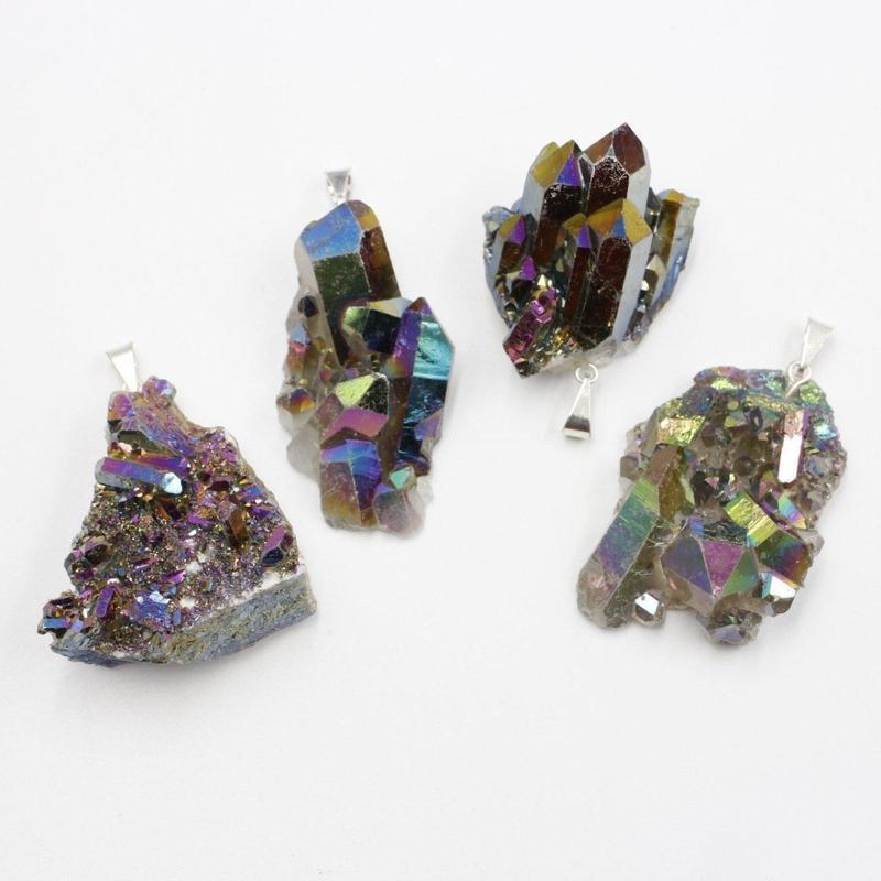 Titanium Aura Coated Amethyst, Quartz Cluster Pendants-Nature's Treasures