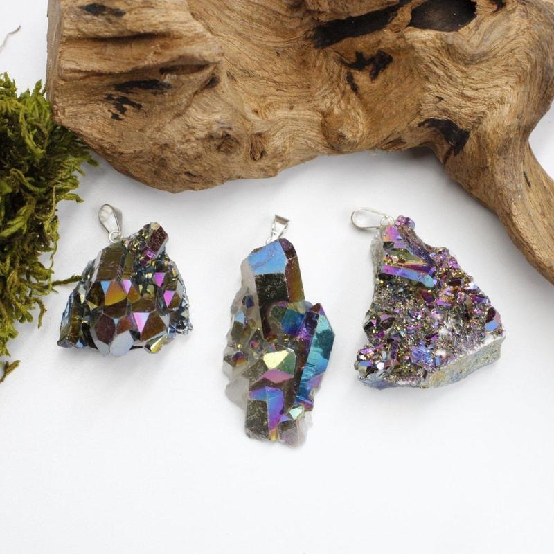 Titanium Aura Coated Amethyst, Quartz Cluster Pendants-Nature's Treasures