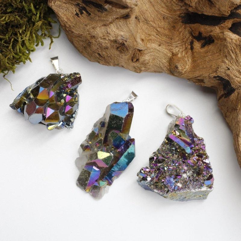 Titanium Aura Coated Amethyst, Quartz Cluster Pendants-Nature's Treasures