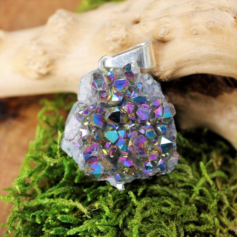 Titanium Aura Coated Amethyst, Quartz Cluster Pendants-Nature's Treasures