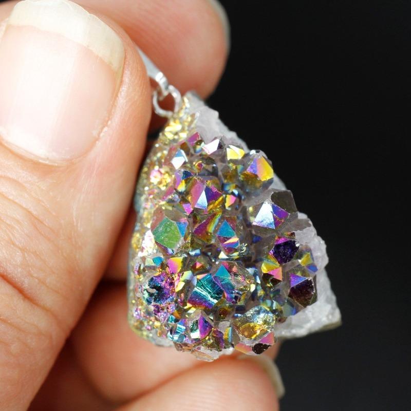 Titanium Aura Coated Amethyst, Quartz Cluster Pendants-Nature's Treasures