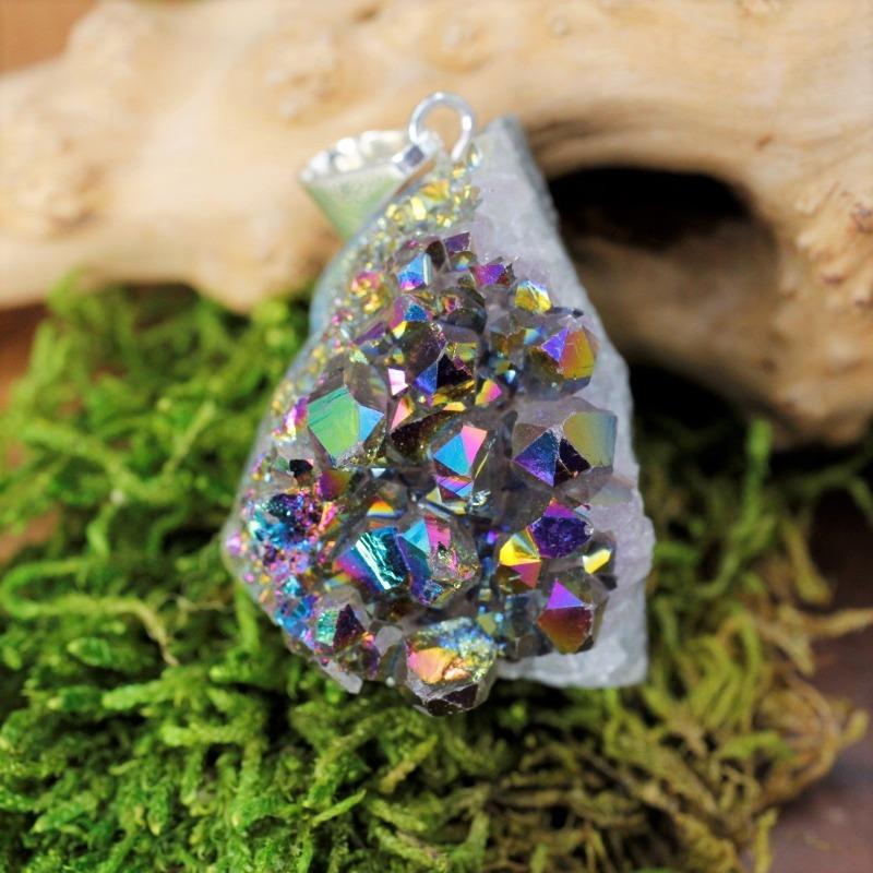 Titanium Aura Coated Amethyst, Quartz Cluster Pendants-Nature's Treasures