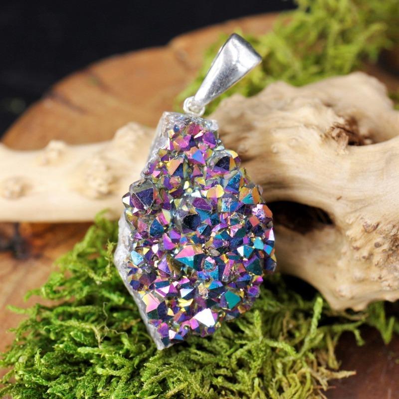 Titanium Aura Coated Amethyst, Quartz Cluster Pendants-Nature's Treasures