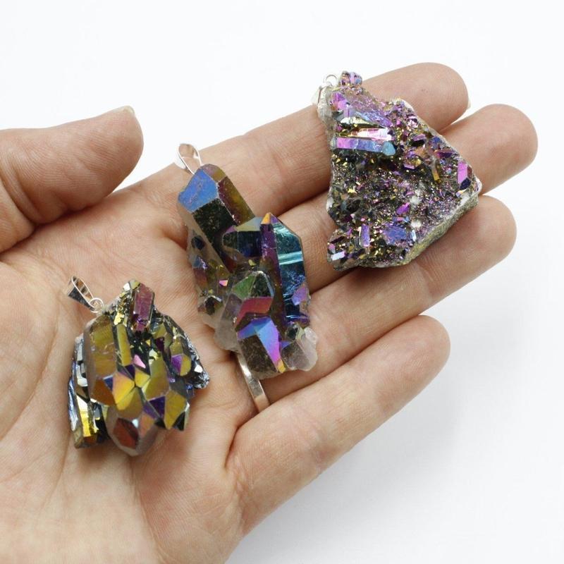 Titanium Aura Coated Amethyst, Quartz Cluster Pendants-Nature's Treasures