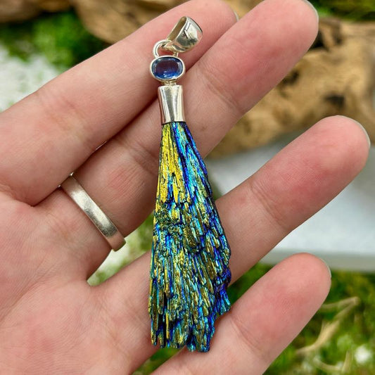 Titanium Coated Black Kyanite Fan with Blue Kyanite Pendant || .925 Sterling Silver-Nature's Treasures