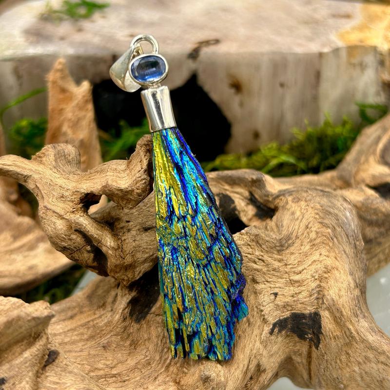Titanium Coated Black Kyanite Fan with Blue Kyanite Pendant || .925 Sterling Silver-Nature's Treasures