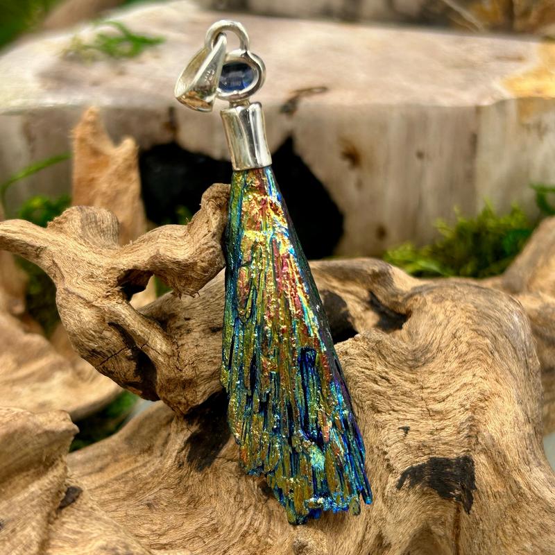 Titanium Coated Black Kyanite Fan with Blue Kyanite Pendant || .925 Sterling Silver-Nature's Treasures