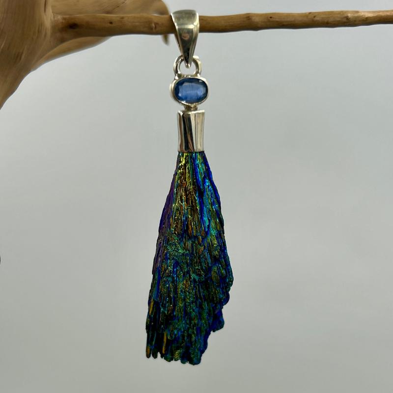Titanium Coated Black Kyanite Fan with Blue Kyanite Pendant || .925 Sterling Silver-Nature's Treasures