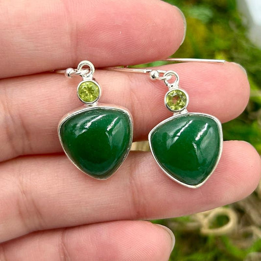 Triangle Cut Jade With Peridot French Hook Earrings || .925 Sterling Silver-Nature's Treasures