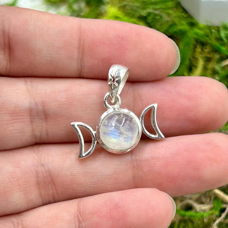 Triple Moon Rainbow Moonstone Pendant || .925 Sterling Silver-Nature's Treasures