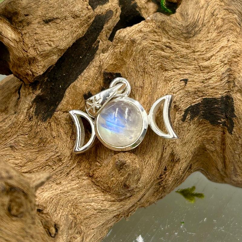 Triple Moon Rainbow Moonstone Pendant || .925 Sterling Silver-Nature's Treasures