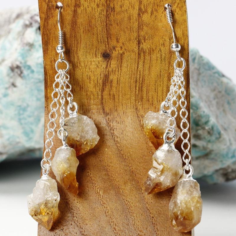 Triple Rough Stone Chandelier Chain Earrings || Silver Plated-Nature's Treasures