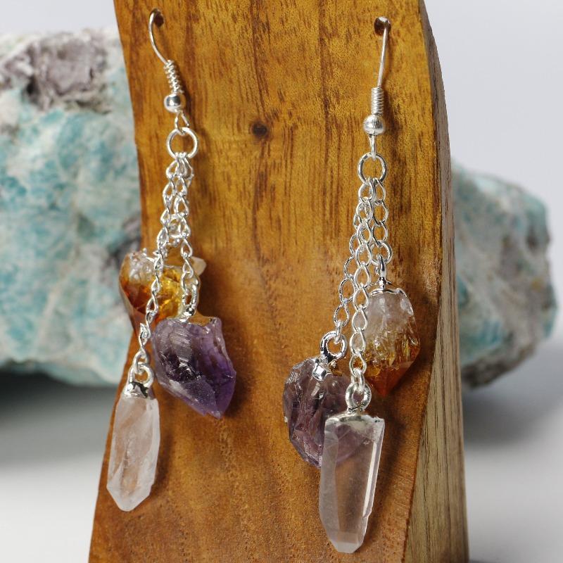 Triple Rough Stone Chandelier Chain Earrings || Silver Plated-Nature's Treasures