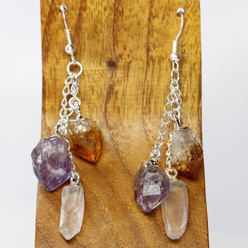 Triple Rough Stone Chandelier Chain Earrings || Silver Plated-Nature's Treasures