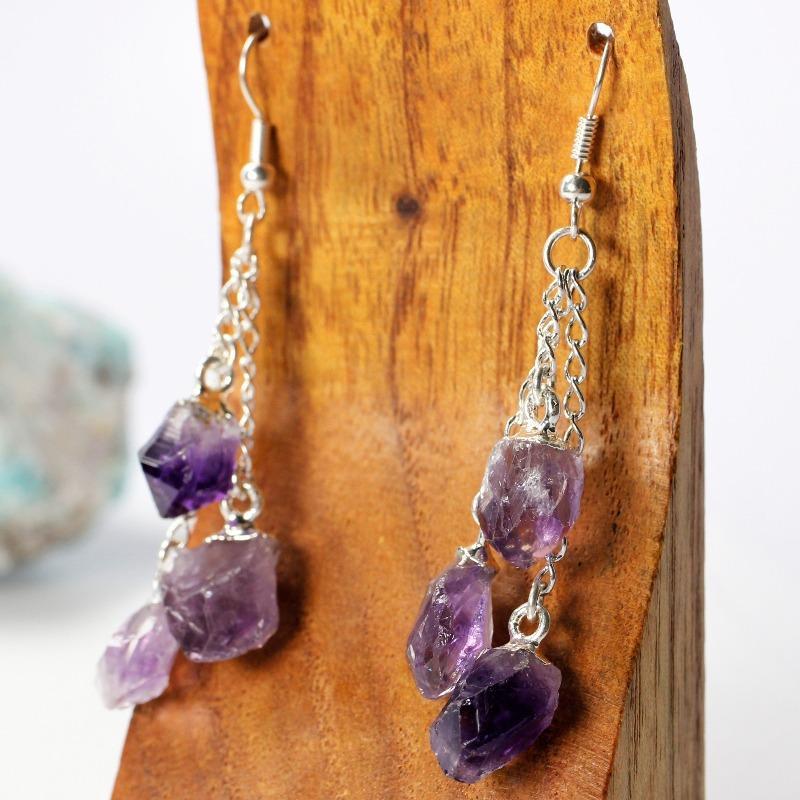 Triple Rough Stone Chandelier Chain Earrings || Silver Plated-Nature's Treasures