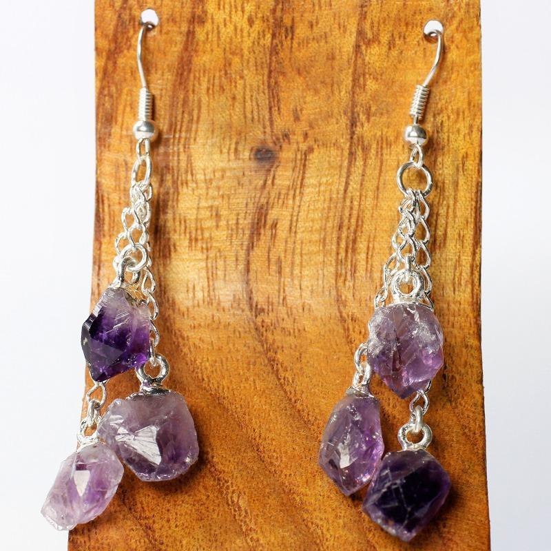 Triple Rough Stone Chandelier Chain Earrings || Silver Plated-Nature's Treasures