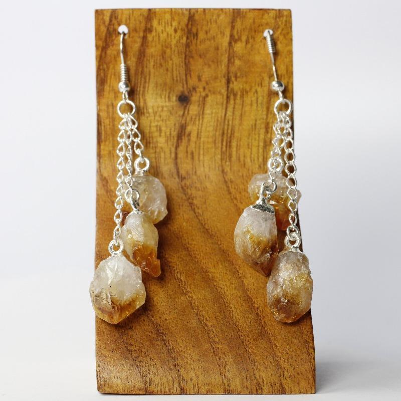 Triple Rough Stone Chandelier Chain Earrings || Silver Plated-Nature's Treasures