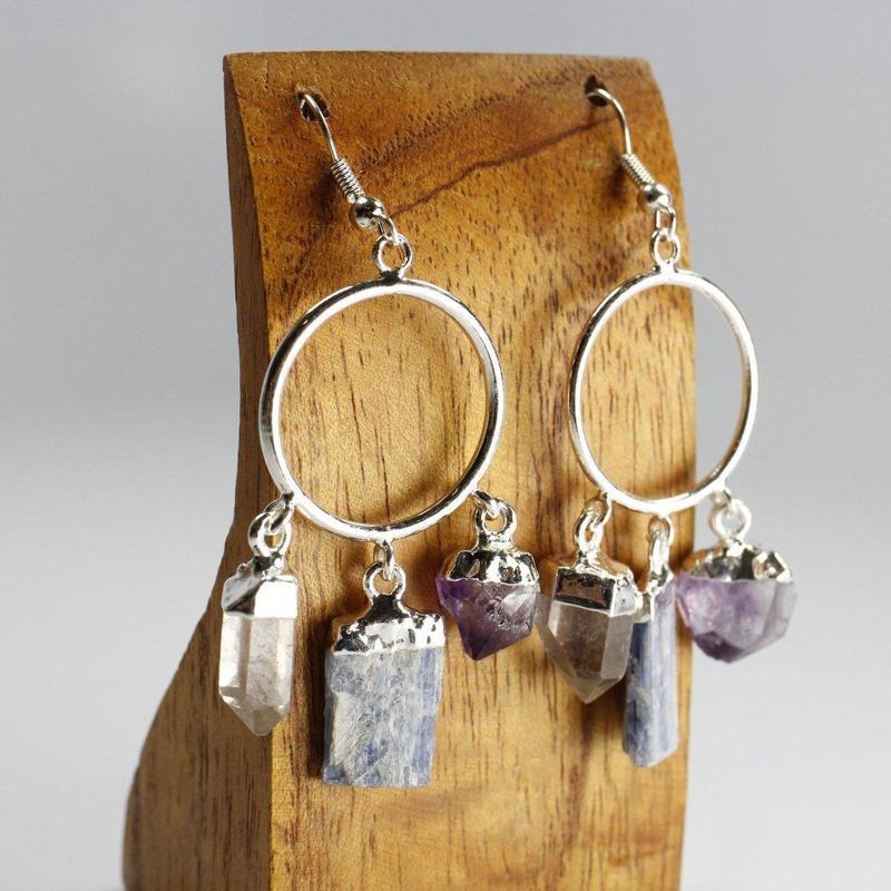 Triple Rough Stone Earrings || Silver Plated French Hook-Nature's Treasures