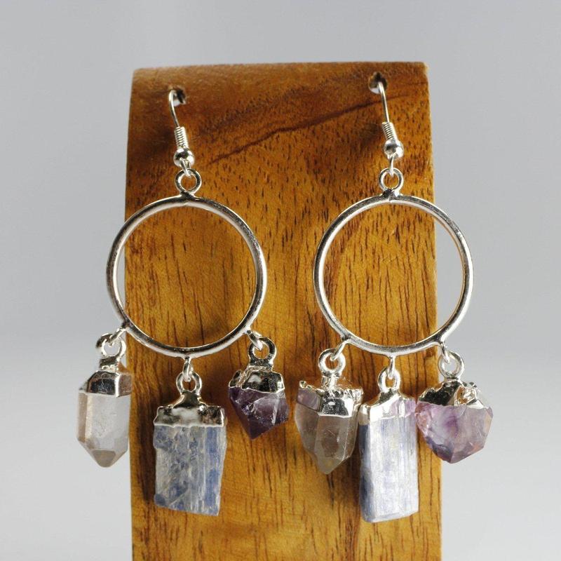 Triple Rough Stone Earrings || Silver Plated French Hook-Nature's Treasures