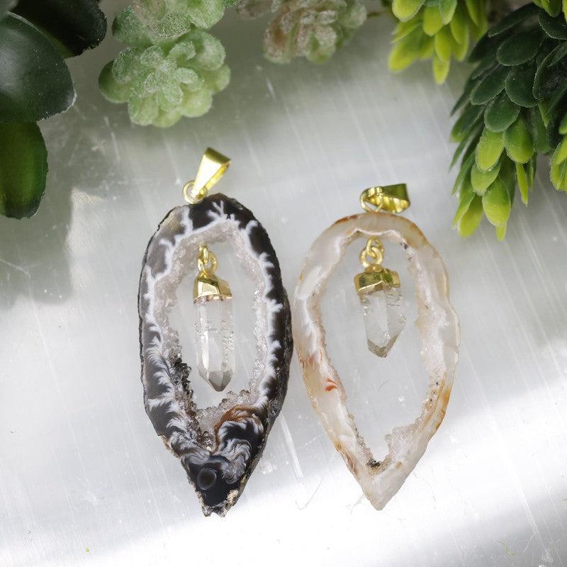 Unisex Druzy Geode Agate Slice Pendants w/ Gemstone point-Nature's Treasures