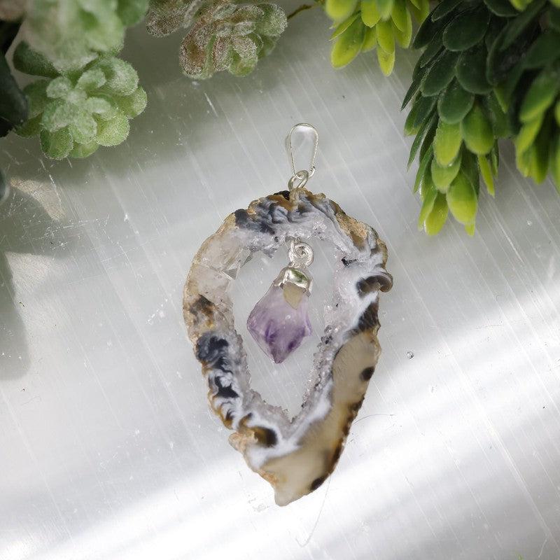 Unisex Druzy Geode Agate Slice Pendants w/ Gemstone point-Nature's Treasures