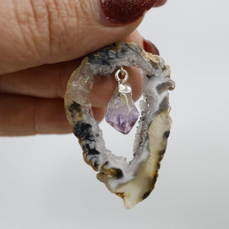 Unisex Druzy Geode Agate Slice Pendants w/ Gemstone point-Nature's Treasures