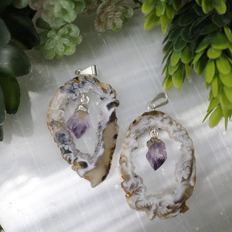Unisex Druzy Geode Agate Slice Pendants w/ Gemstone point-Nature's Treasures