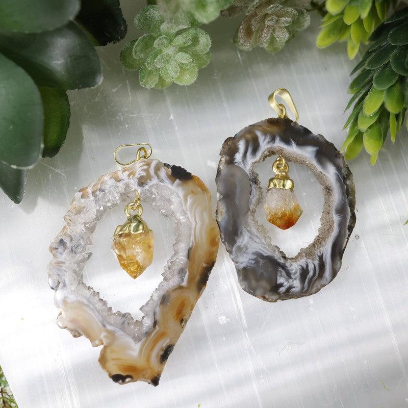 Unisex Druzy Geode Agate Slice Pendants w/ Gemstone point-Nature's Treasures