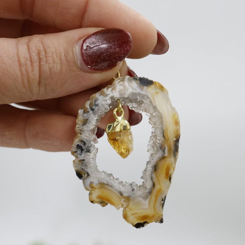 Unisex Druzy Geode Agate Slice Pendants w/ Gemstone point-Nature's Treasures