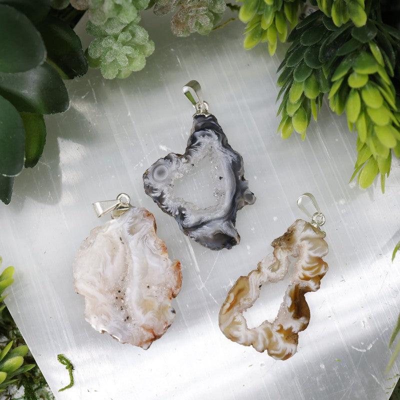 Unisex Druzy Geode Agate Slice Pendants w/ Gemstone point-Nature's Treasures