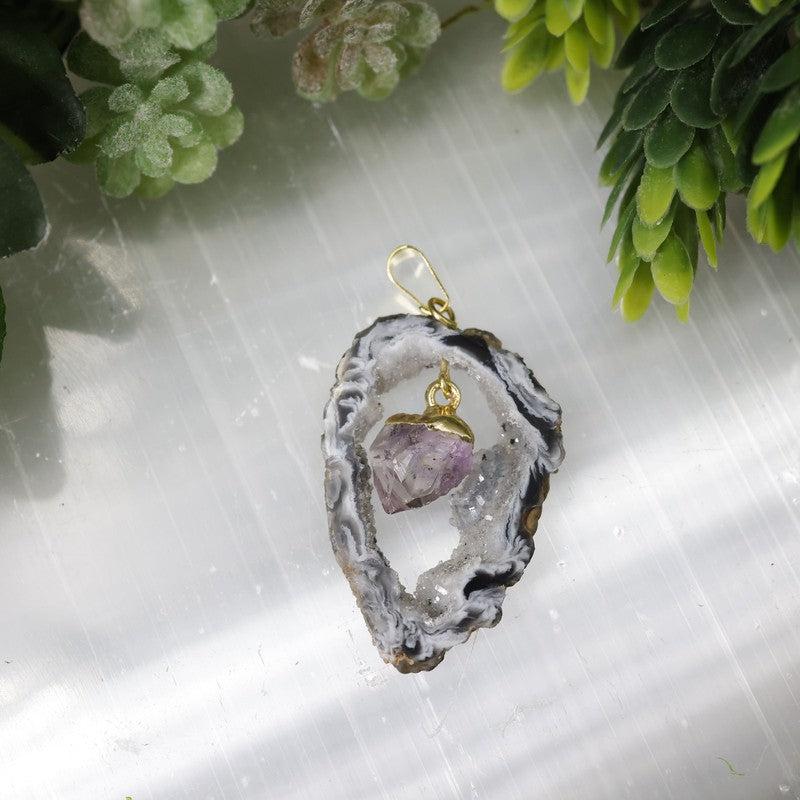 Unisex Druzy Geode Agate Slice Pendants w/ Gemstone point-Nature's Treasures