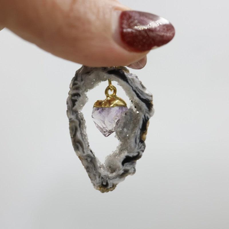 Unisex Druzy Geode Agate Slice Pendants w/ Gemstone point-Nature's Treasures