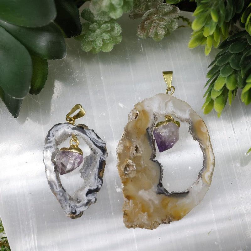 Unisex Druzy Geode Agate Slice Pendants w/ Gemstone point-Nature's Treasures
