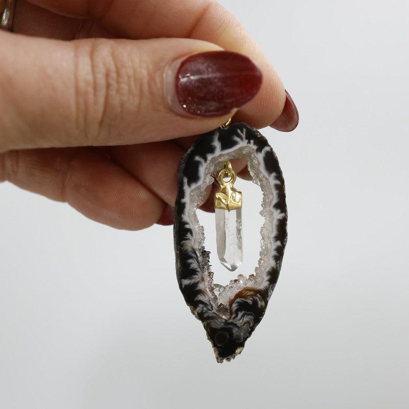 Unisex Druzy Geode Agate Slice Pendants w/ Gemstone point-Nature's Treasures