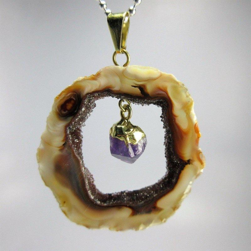 Unisex Druzy Geode Agate Slice Pendants w/ Gemstone point-Nature's Treasures