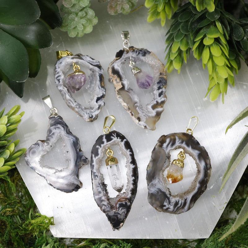 Unisex Druzy Geode Agate Slice Pendants w/ Gemstone point-Nature's Treasures