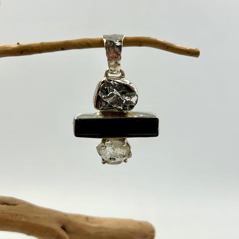 Unisex Meteorite, Tourmaline, Herkimer Diamond Pendant || .925 Sterling Silver-Nature's Treasures