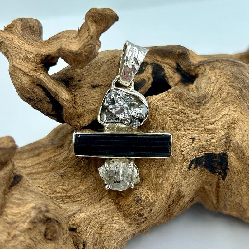 Unisex Meteorite, Tourmaline, Herkimer Diamond Pendant || .925 Sterling Silver-Nature's Treasures