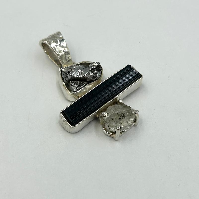 Unisex Meteorite, Tourmaline, Herkimer Diamond Pendant || .925 Sterling Silver-Nature's Treasures