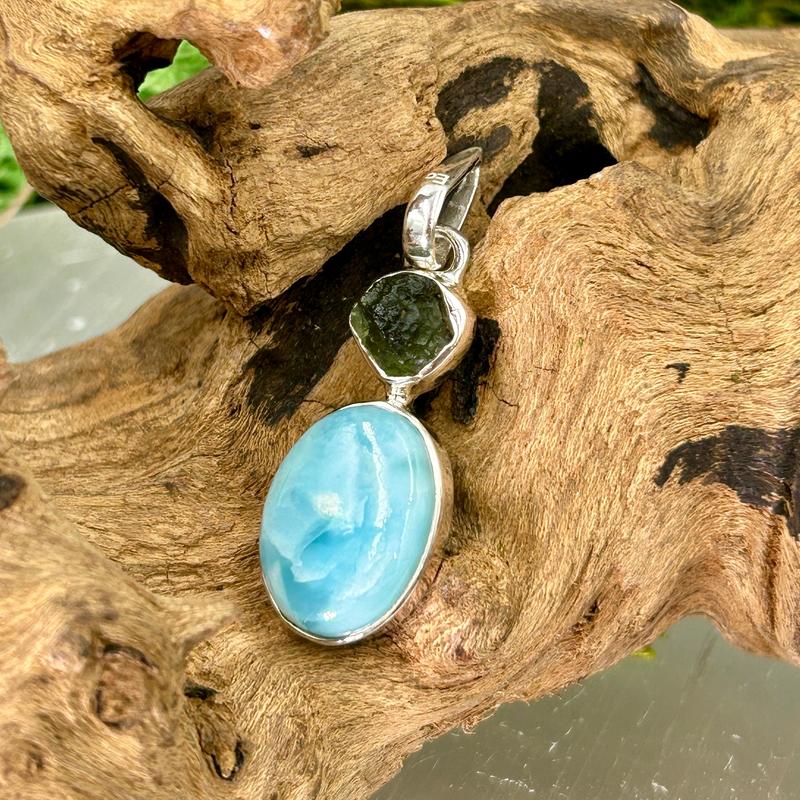 Unisex Moldavite With Larimar Pendant || .925 Sterling Silver-Nature's Treasures