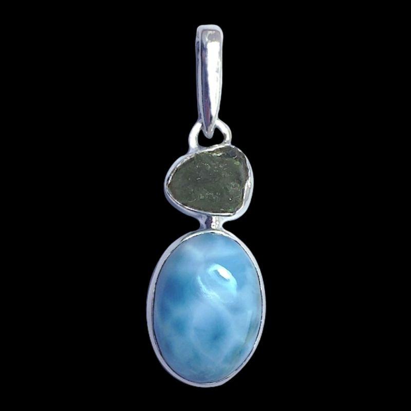 Unisex Moldavite With Larimar Pendant || .925 Sterling Silver-Nature's Treasures
