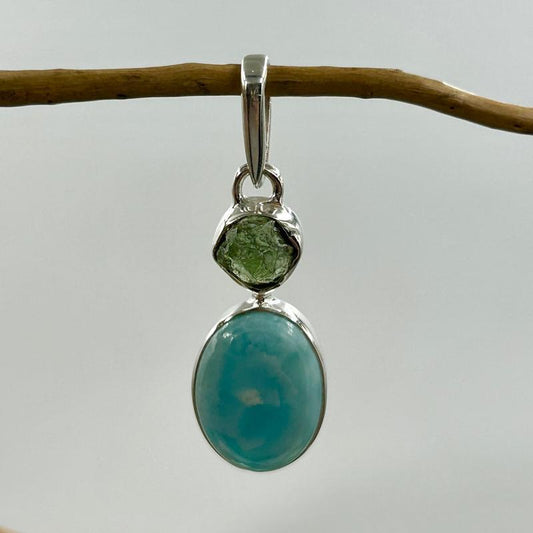 Unisex Moldavite With Larimar Pendant || .925 Sterling Silver-Nature's Treasures