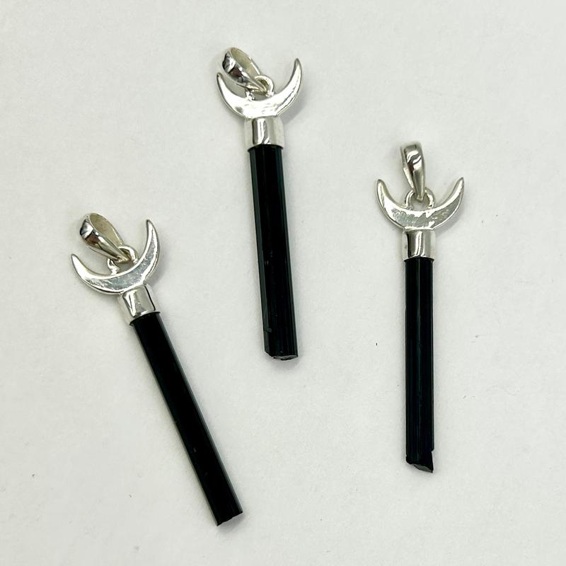Unisex Moon Crescent Black Tourmaline Pendants || .925 Sterling Silver-Nature's Treasures