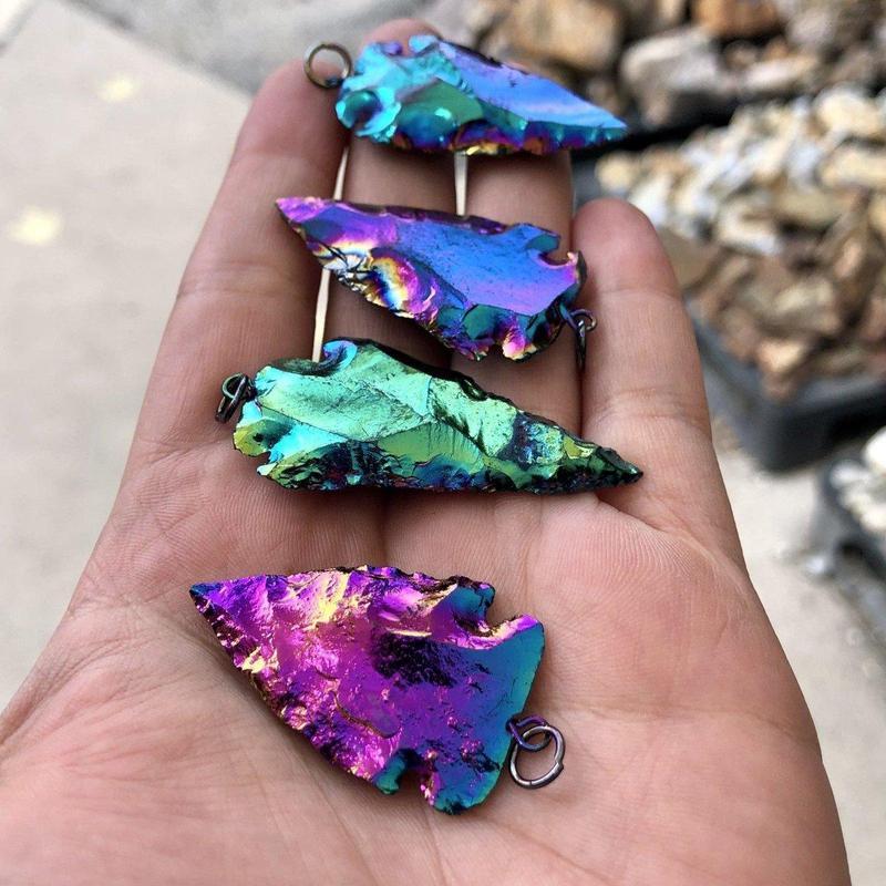 Unisex Rainbow Aura Coated Black Obsidian Arrowhead Pendants-Nature's Treasures