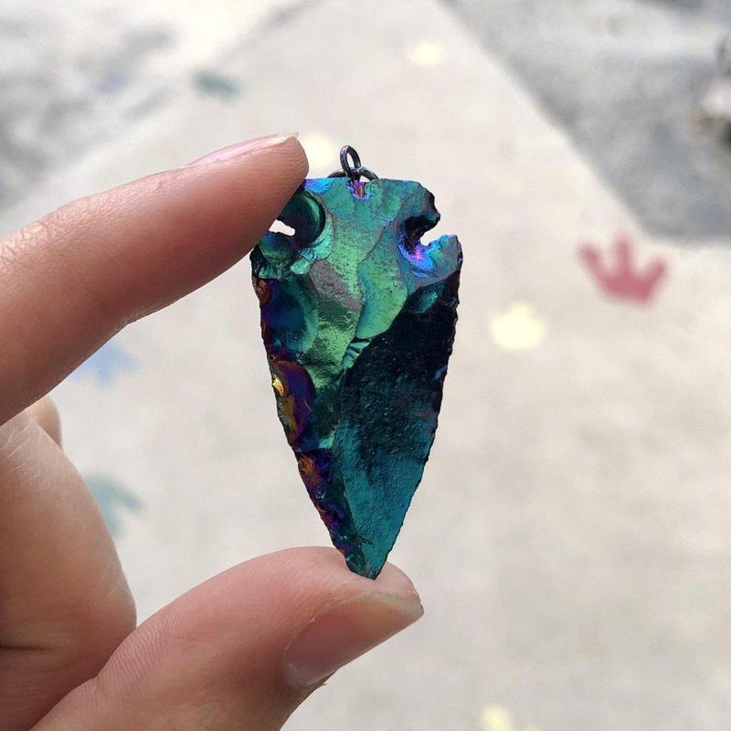 Unisex Rainbow Aura Coated Black Obsidian Arrowhead Pendants-Nature's Treasures