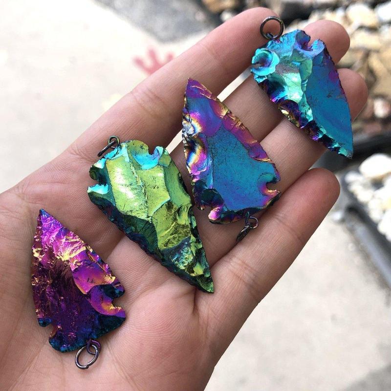 Unisex Rainbow Aura Coated Black Obsidian Arrowhead Pendants-Nature's Treasures