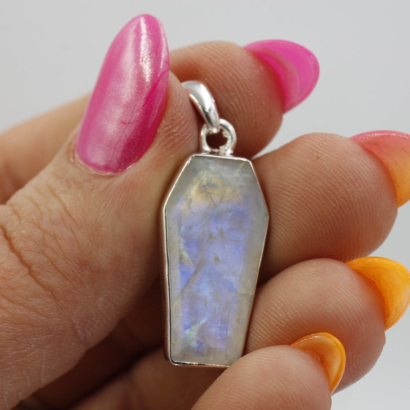 Unisex Rainbow Moonstone Coffin Pendants || .925 Sterling Silver-Nature's Treasures