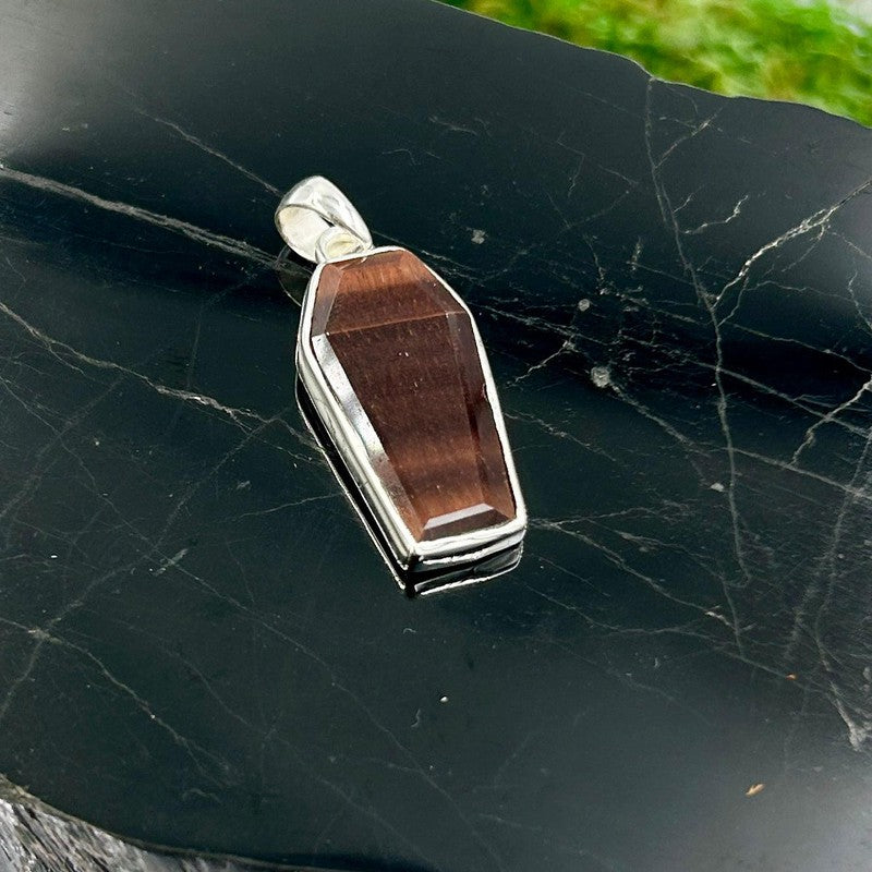 Unisex Red Tigers Eye Coffin Pendants || .925 Sterling Silver