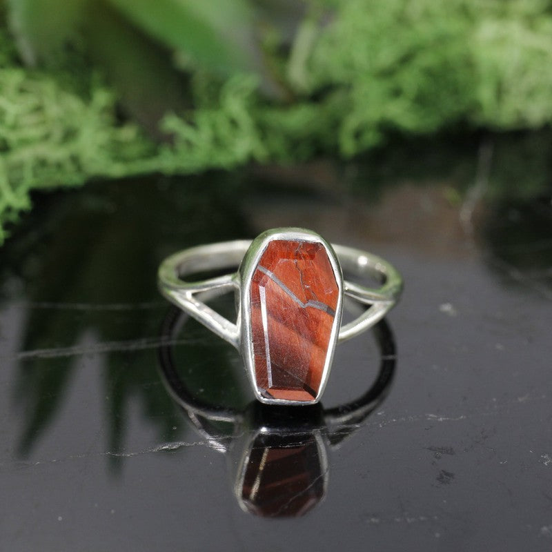 Unisex Red Tigers Eye Coffin Rings || .925 Sterling Silver