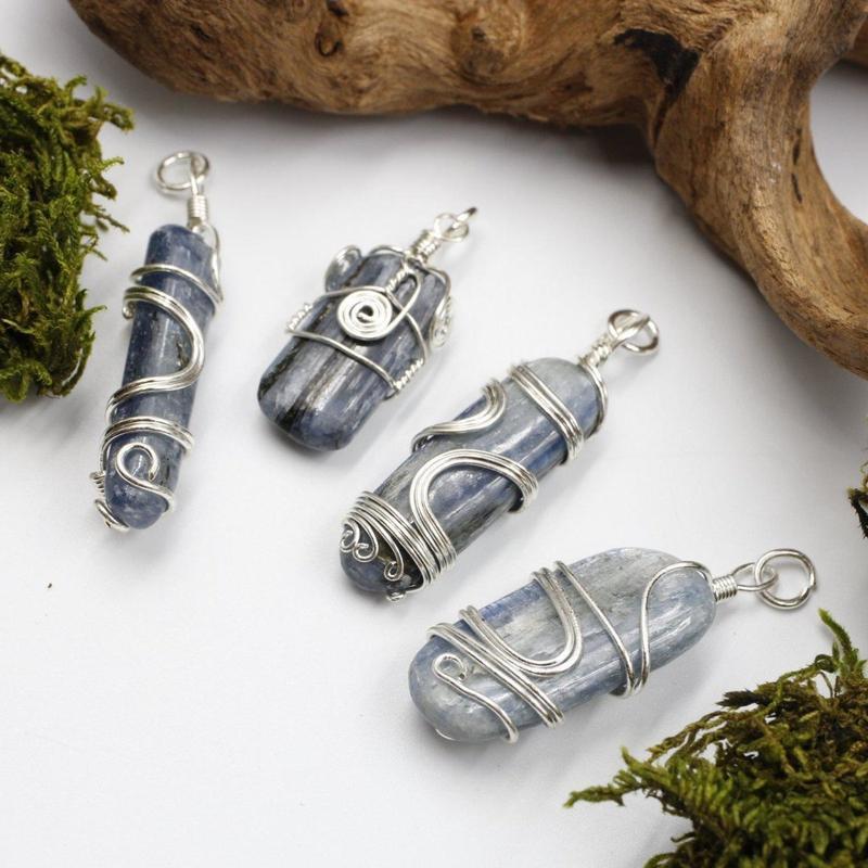 Unisex Silver Metal Wire Wrap Blue Kyanite Pendants-Nature's Treasures